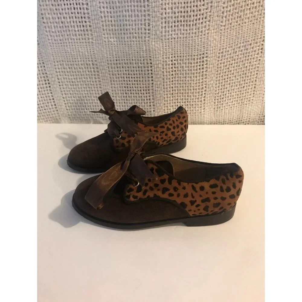 Baci Kids Leopard Print Suede Ribbon Lace Oxfords Brown Size 27 us 10 girls